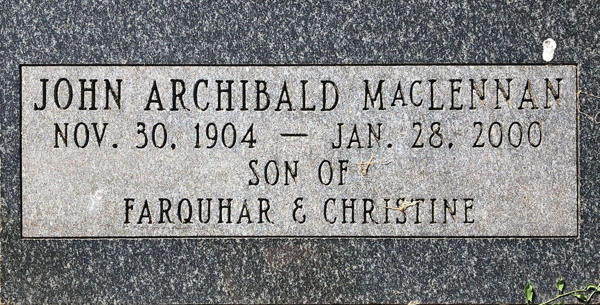 Photo of headstones/John Archilbald MacLennan Headstone 2000 Ripley Cemetery, Bruce County, Ontario, Canada